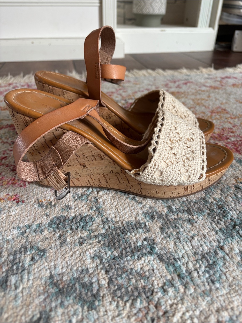 American Eagle Outfitters Crochet Front Wedge Sandals in Cream and Tan